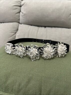 Crystal Floral Cluster Belt - Black with Clear Accents